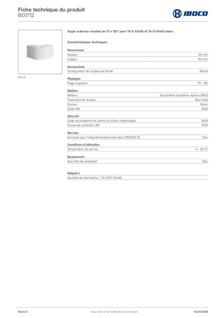 Image Iboco Fiche technique du produit B01712 | Hager France