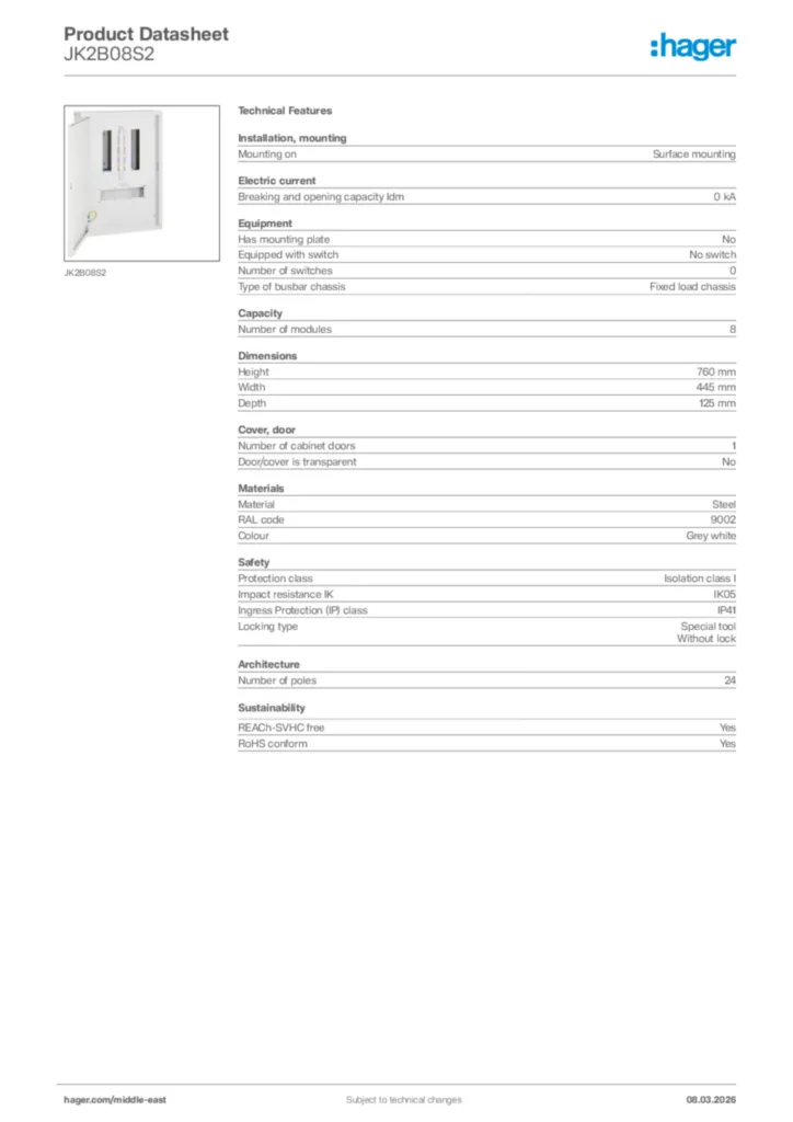 Image Hager Product data sheet JK2B08S2  | Hager