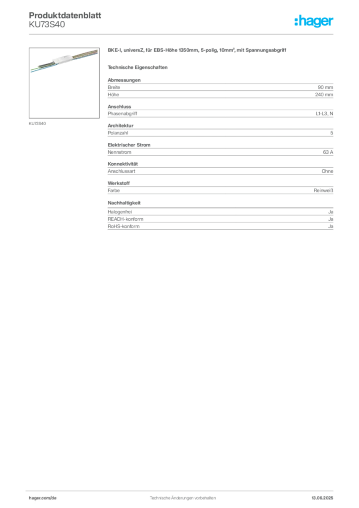 Hager Produktdatenblatt KU73S40