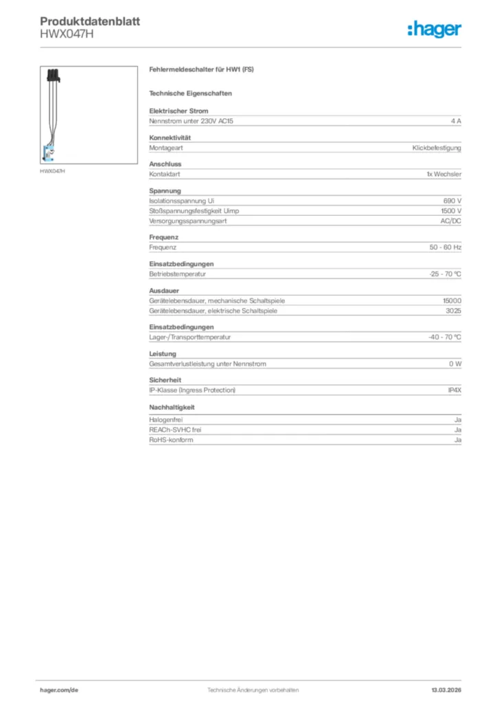 Bild Hager Produktdatenblatt HWX047H | Hager Deutschland