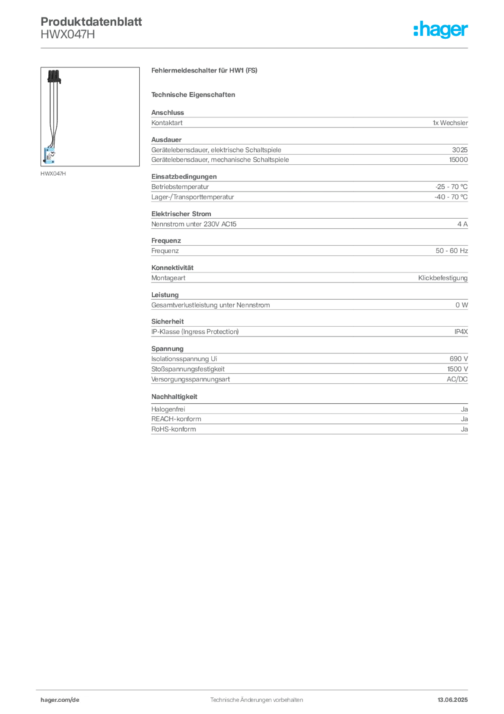 Bild Hager Produktdatenblatt HWX047H | Hager Deutschland
