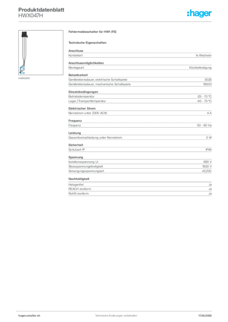 Bild Hager Produktdatenblatt HWX047H | Hager Schweiz