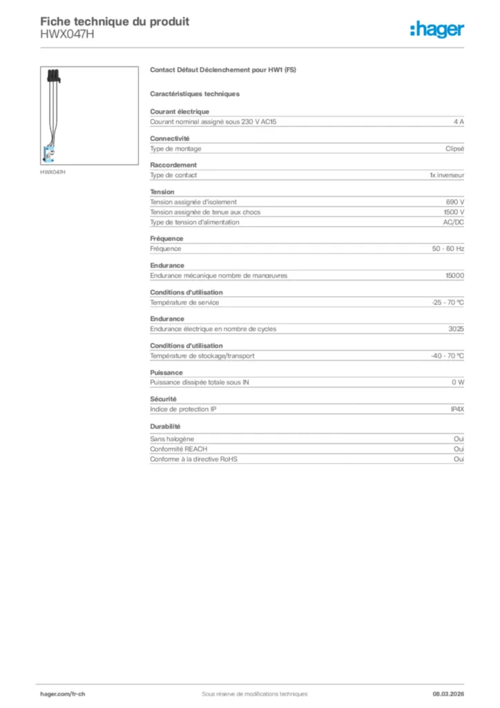Image Hager Fiche technique du produit HWX047H | Hager Suisse