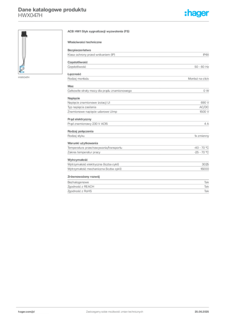 Zdjęcie Hager Karta katalogowa HWX047H | Hager Polska