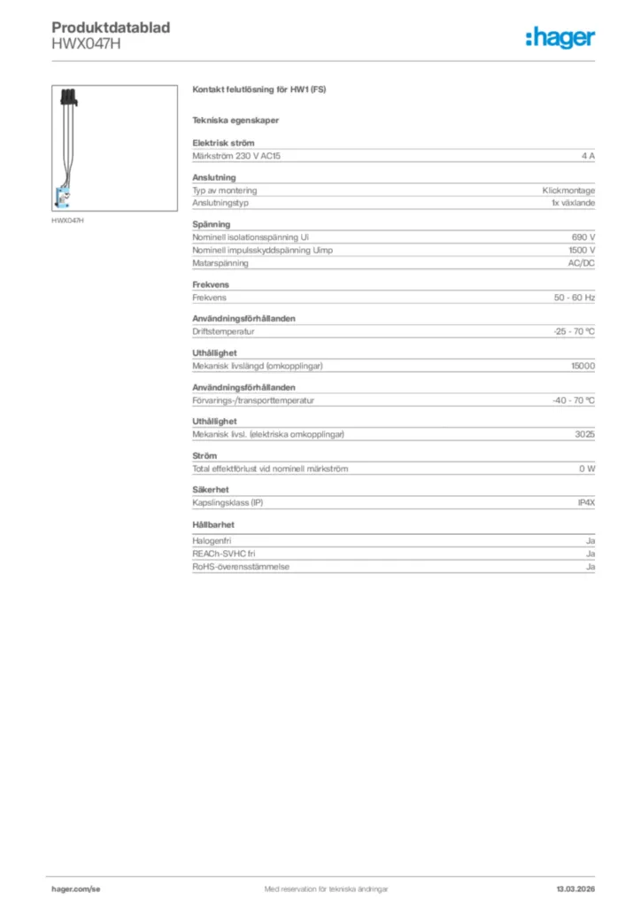 Bild Hager Produktdatablad HWX047H | Hager Sverige