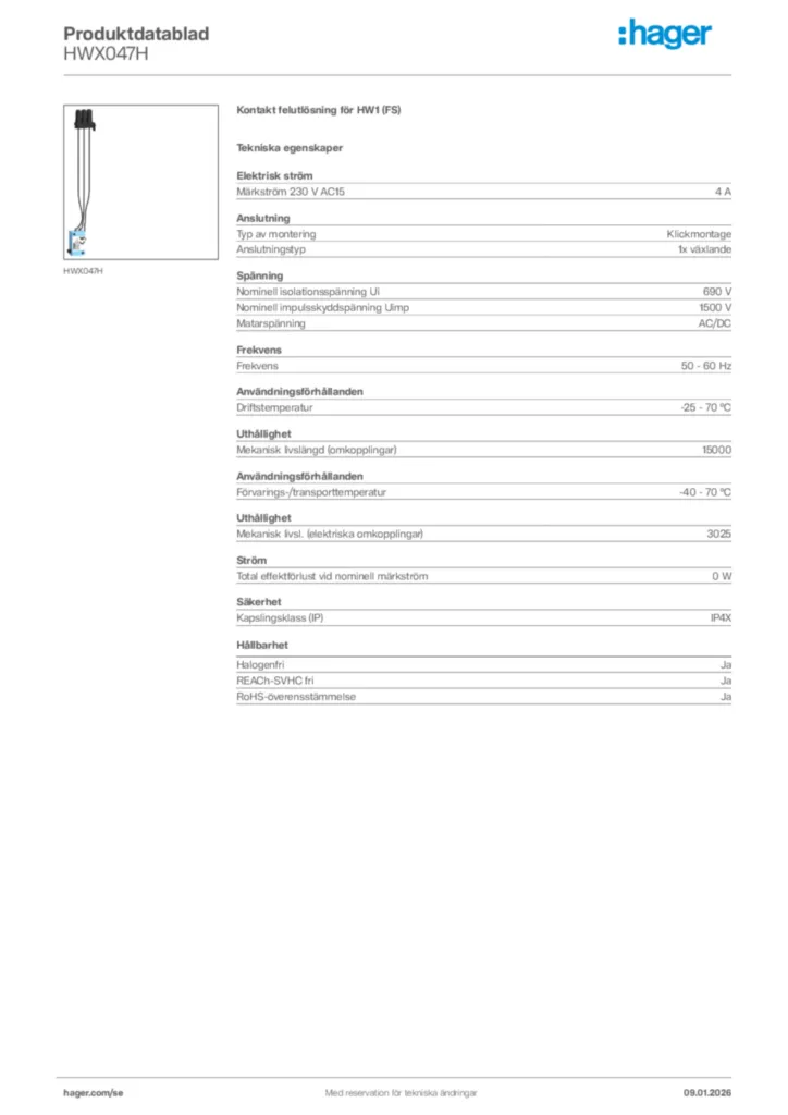 Bild Hager Produktdatablad HWX047H | Hager Sverige