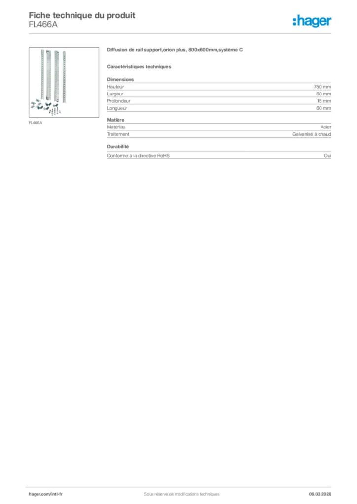 Image Hager Fiche technique du produit FL466A | Hager Afrique