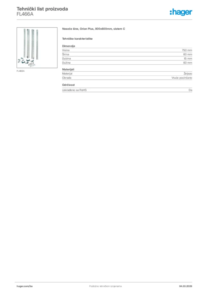 Slika Hager Tehnički list proizvoda FL466A  | Hager