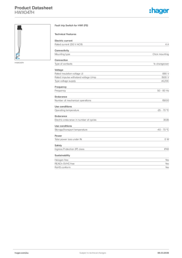 Image Hager Product data sheet HWX047H  | Hager Australia