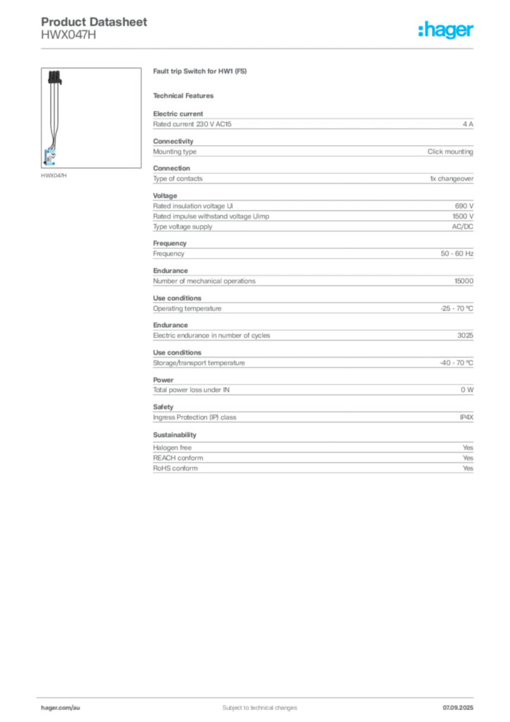 Image Hager Product data sheet HWX047H  | Hager Australia