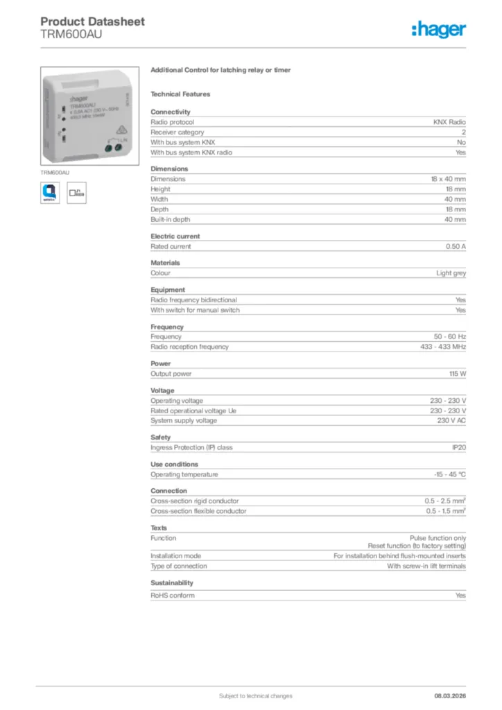 Image Hager Product data sheet TRM600AU  | Hager Africa