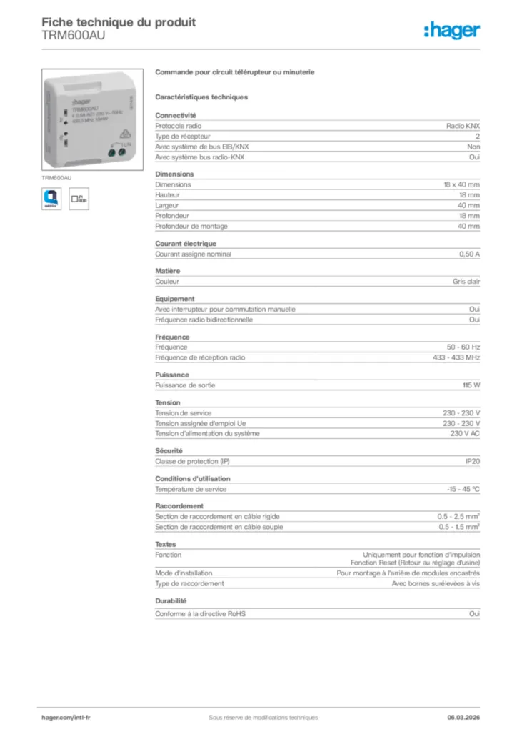Image Hager Fiche technique du produit TRM600AU | Hager Afrique