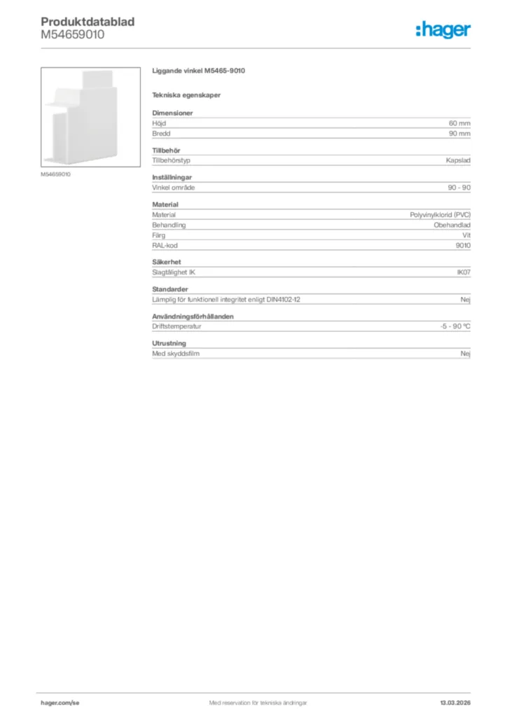 Bild Hager Produktdatablad M54659010 | Hager Sverige