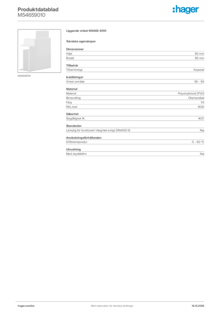 Bild Hager Produktdatablad M54659010 | Hager Sverige