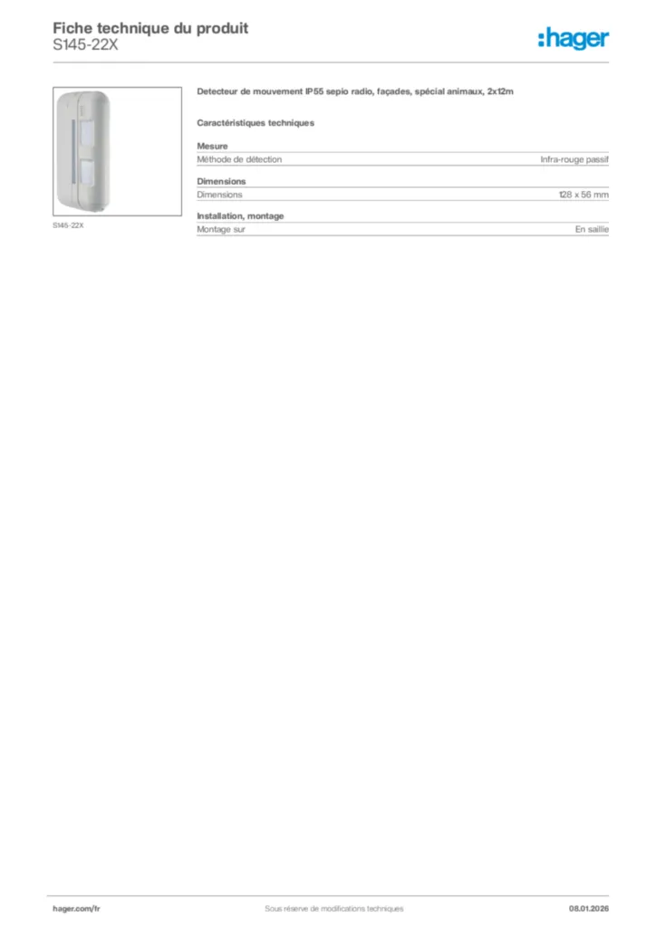 Image Hager Fiche technique du produit S145-22X | Hager France