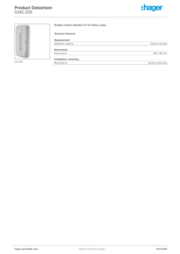 Image Hager Product data sheet S145-22X  | Hager