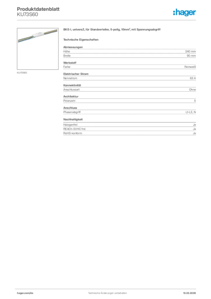 Bild Hager Produktdatenblatt KU73S60 | Hager Deutschland