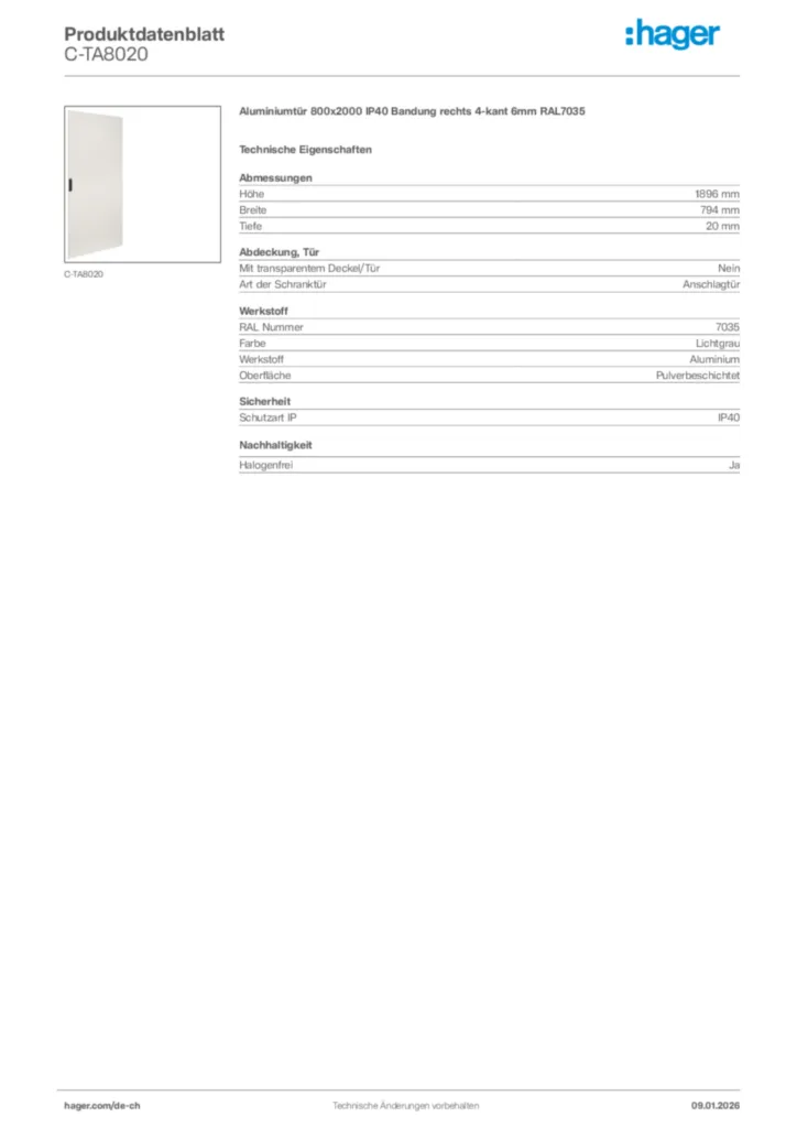 Bild Hager Produktdatenblatt C-TA8020 | Hager Schweiz