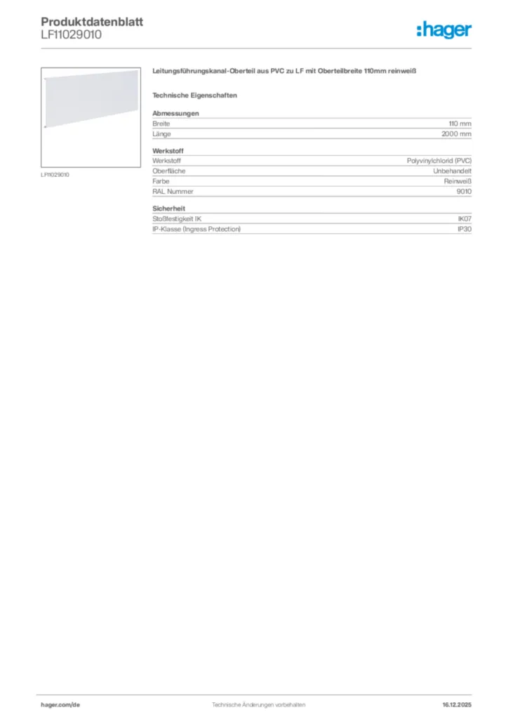 Bild Hager Produktdatenblatt LF11029010 | Hager Deutschland