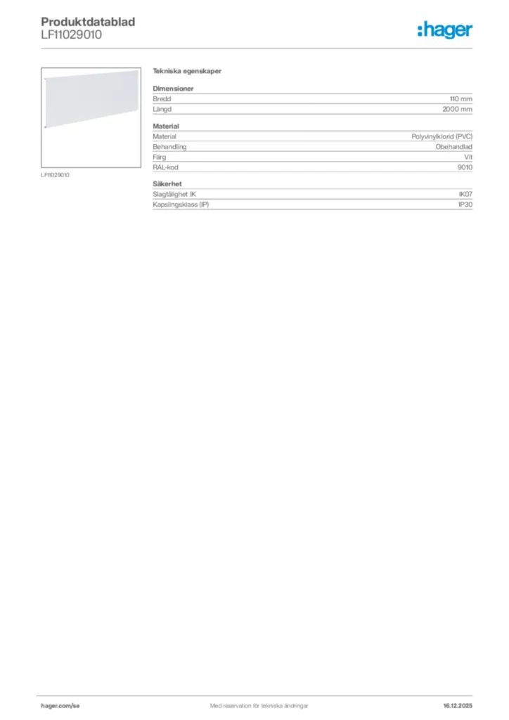 Bild Hager Produktdatablad LF11029010 | Hager Sverige