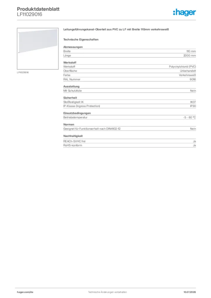 Bild Hager Produktdatenblatt LF11029016 | Hager Deutschland