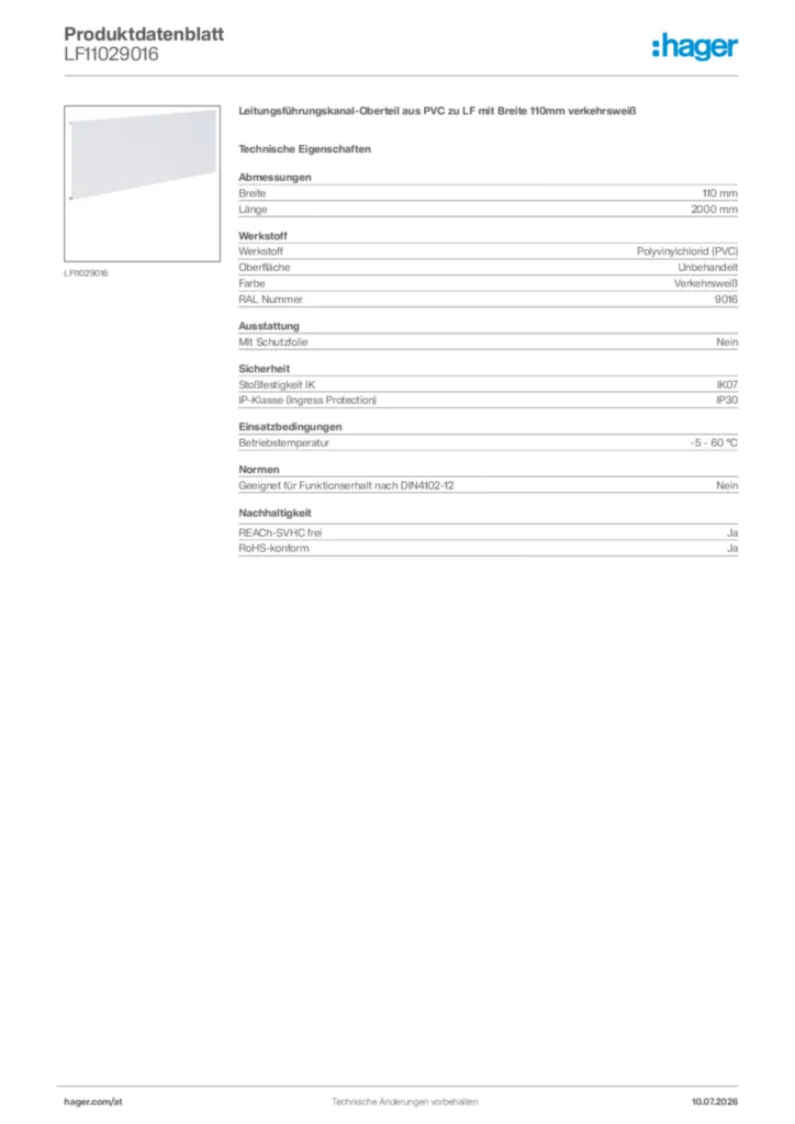 Bild Hager Produktdatenblatt LF11029016 | Hager Deutschland