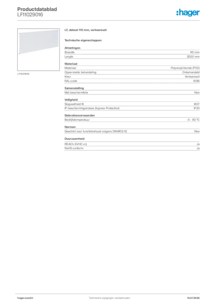 Afbeelding Hager Productdatablad LF11029016 | Hager Nederland