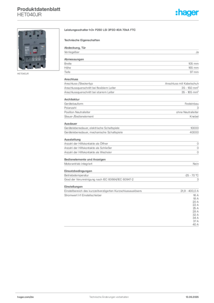 Bild Hager Produktdatenblatt HET040JR | Hager Deutschland