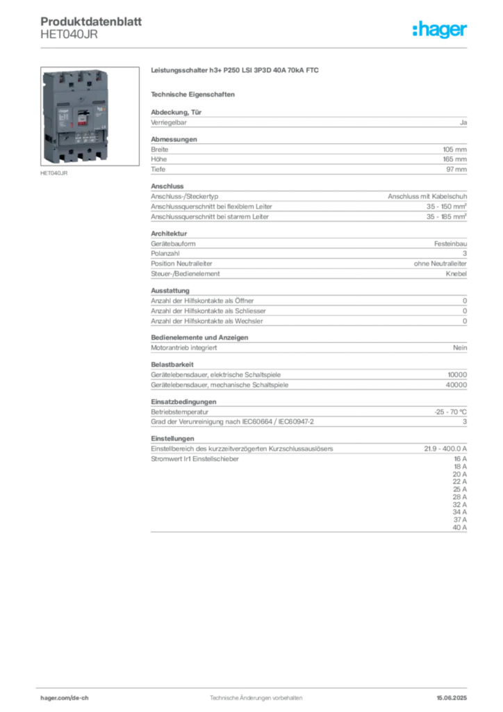 Bild Hager Produktdatenblatt HET040JR | Hager Schweiz