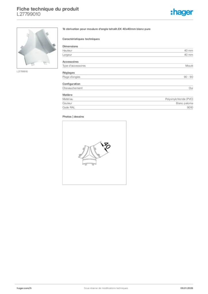 Image Hager Fiche technique du produit L27799010 | Hager France