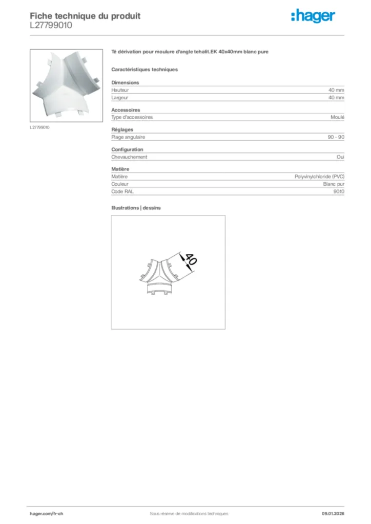 Image Hager Fiche technique du produit L27799010 | Hager Suisse