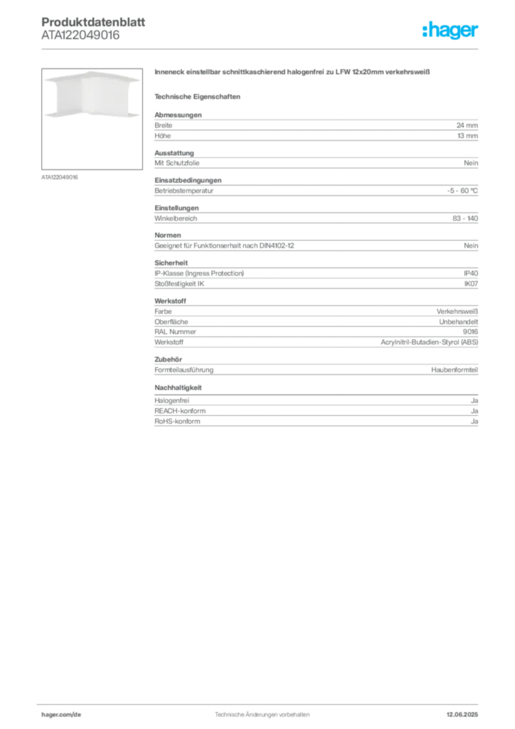 Bild Hager Produktdatenblatt ATA122049016 | Hager Deutschland