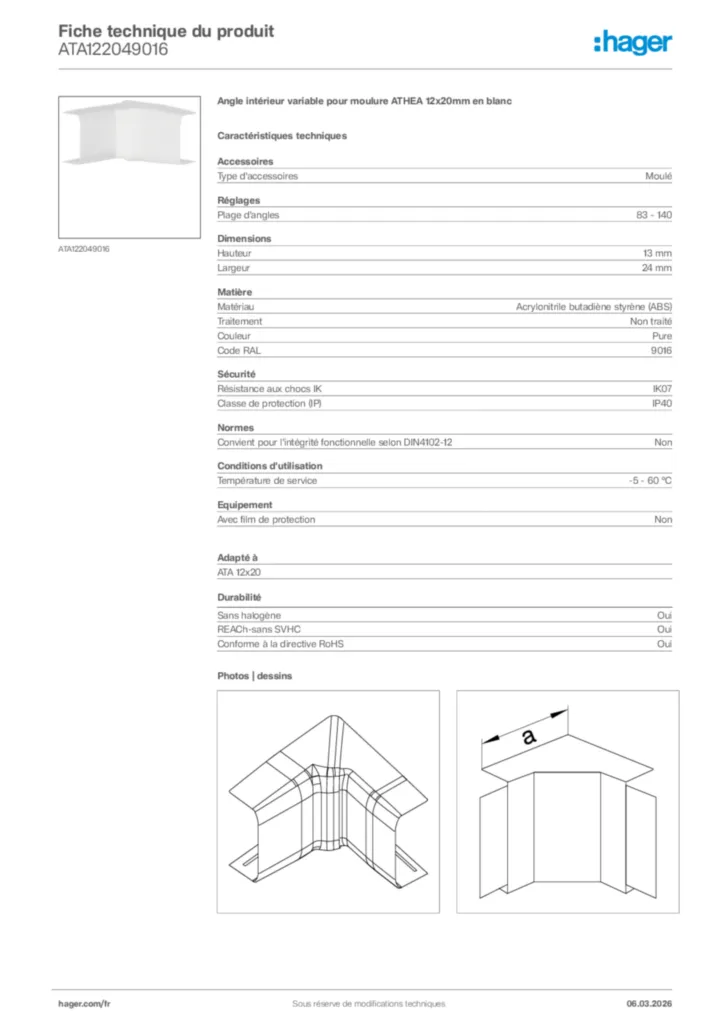 Image Hager Fiche technique du produit ATA122049016 | Hager France