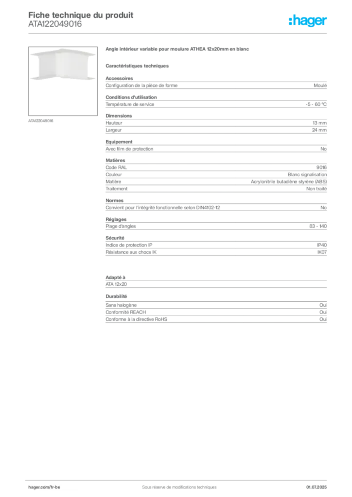 Image Hager Fiche technique du produit ATA122049016 | Hager Belgique