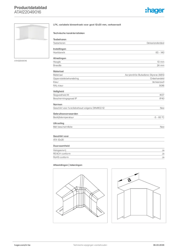 Afbeelding Hager Productdatablad ATA122049016 | Hager Belgium