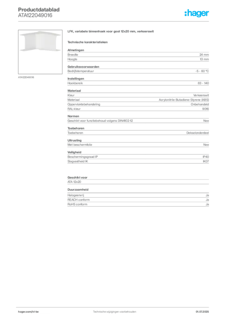 Afbeelding Hager Productdatablad ATA122049016 | Hager Belgium