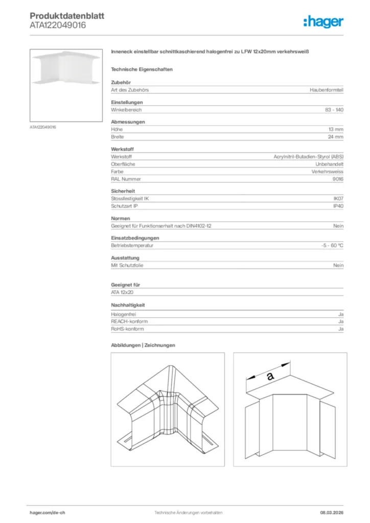 Bild Hager Produktdatenblatt ATA122049016 | Hager Schweiz