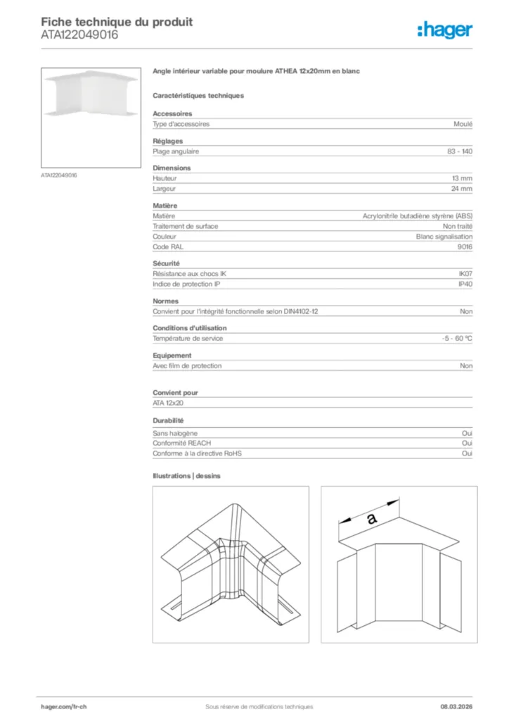 Image Hager Fiche technique du produit ATA122049016 | Hager Suisse