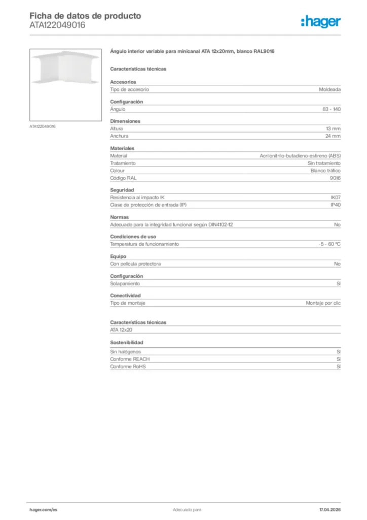 Imagen Hager Ficha de datos de producto ATA122049016 | Hager España