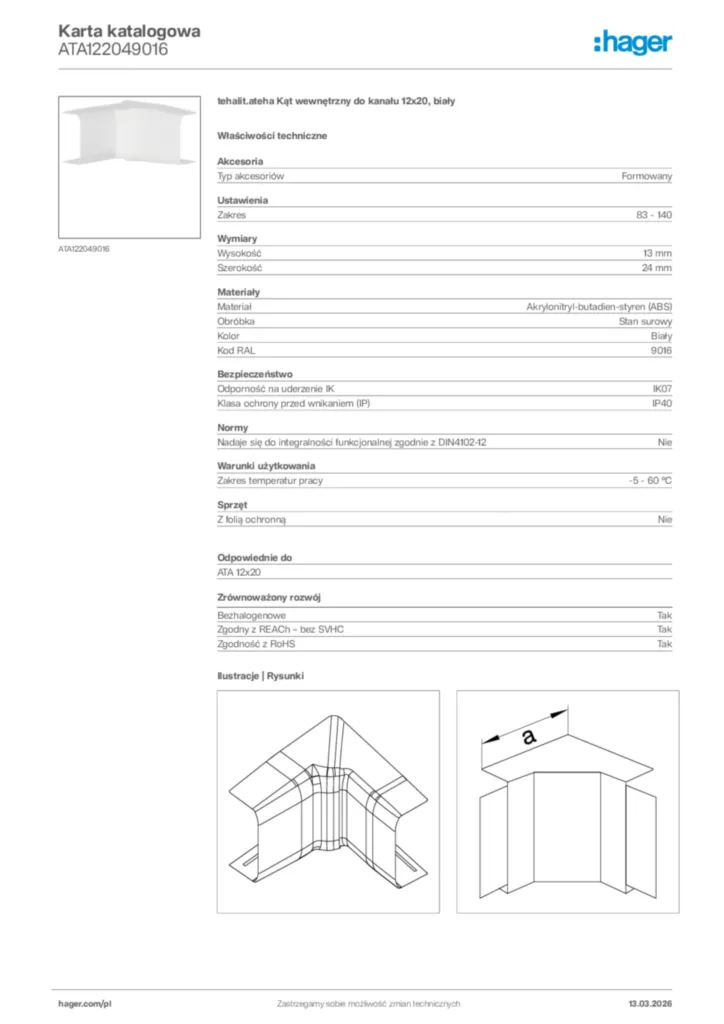 Zdjęcie Hager Karta katalogowa ATA122049016 | Hager Polska