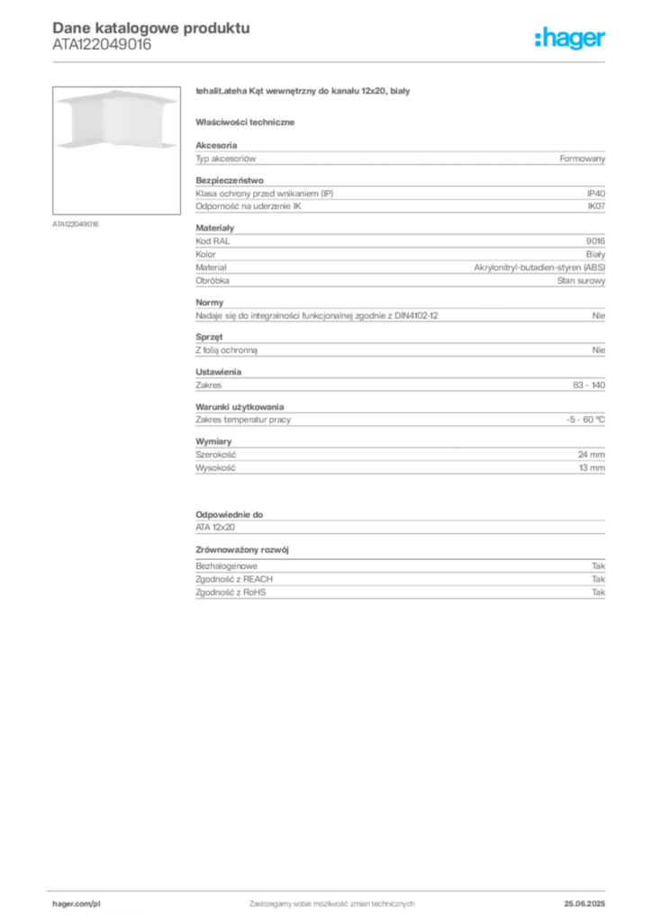 Zdjęcie Hager Karta katalogowa ATA122049016 | Hager Polska
