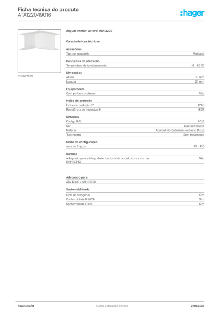 Imagem Hager Ficha técnica do produto ATA122049016 | Hager Portugal