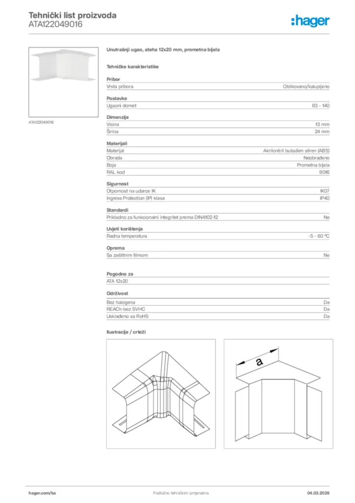 Slika Hager Tehnički list proizvoda ATA122049016  | Hager