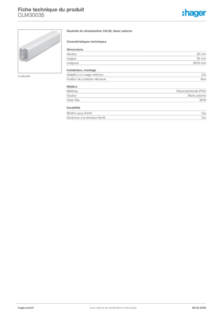 Image Hager Fiche technique du produit CLM30035 | Hager France
