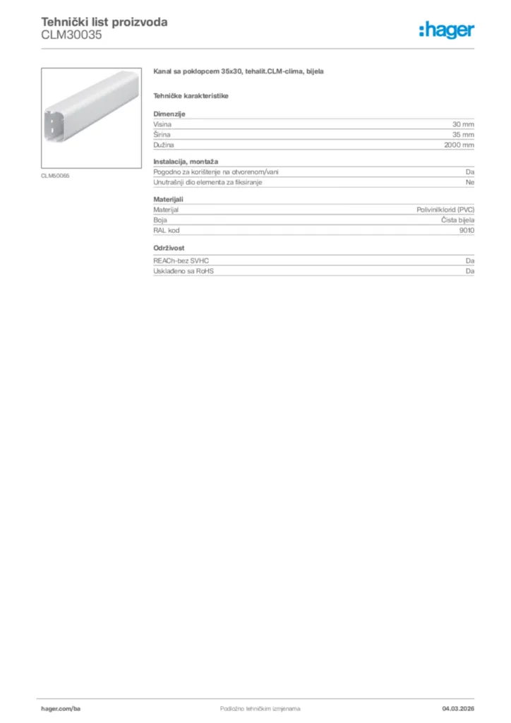 Slika Hager Tehnički list proizvoda CLM30035  | Hager