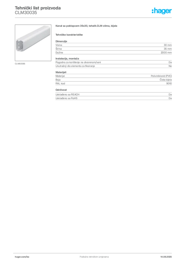 Slika Hager Product data sheet CLM30035  | Hager