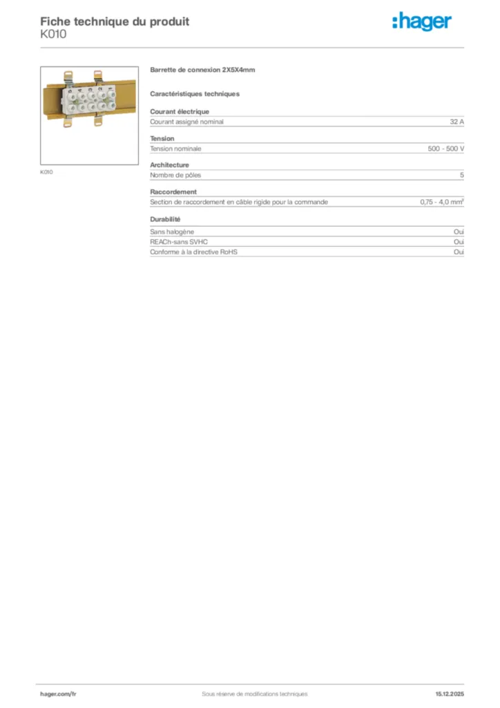 Image Hager Fiche technique du produit K010 | Hager France