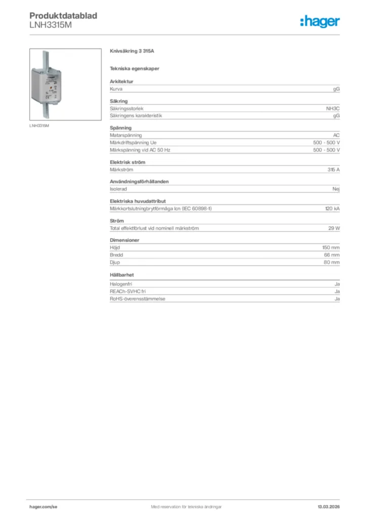 Bild Hager Produktdatablad LNH3315M | Hager Sverige