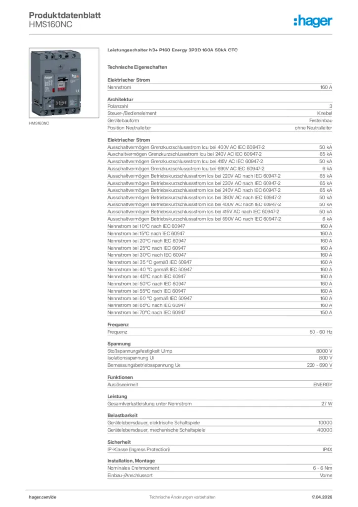 Bild Hager Produktdatenblatt HMS160NC | Hager Deutschland