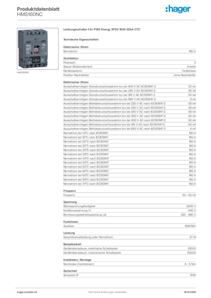 Bild Hager Produktdatenblatt HMS160NC | Hager Schweiz